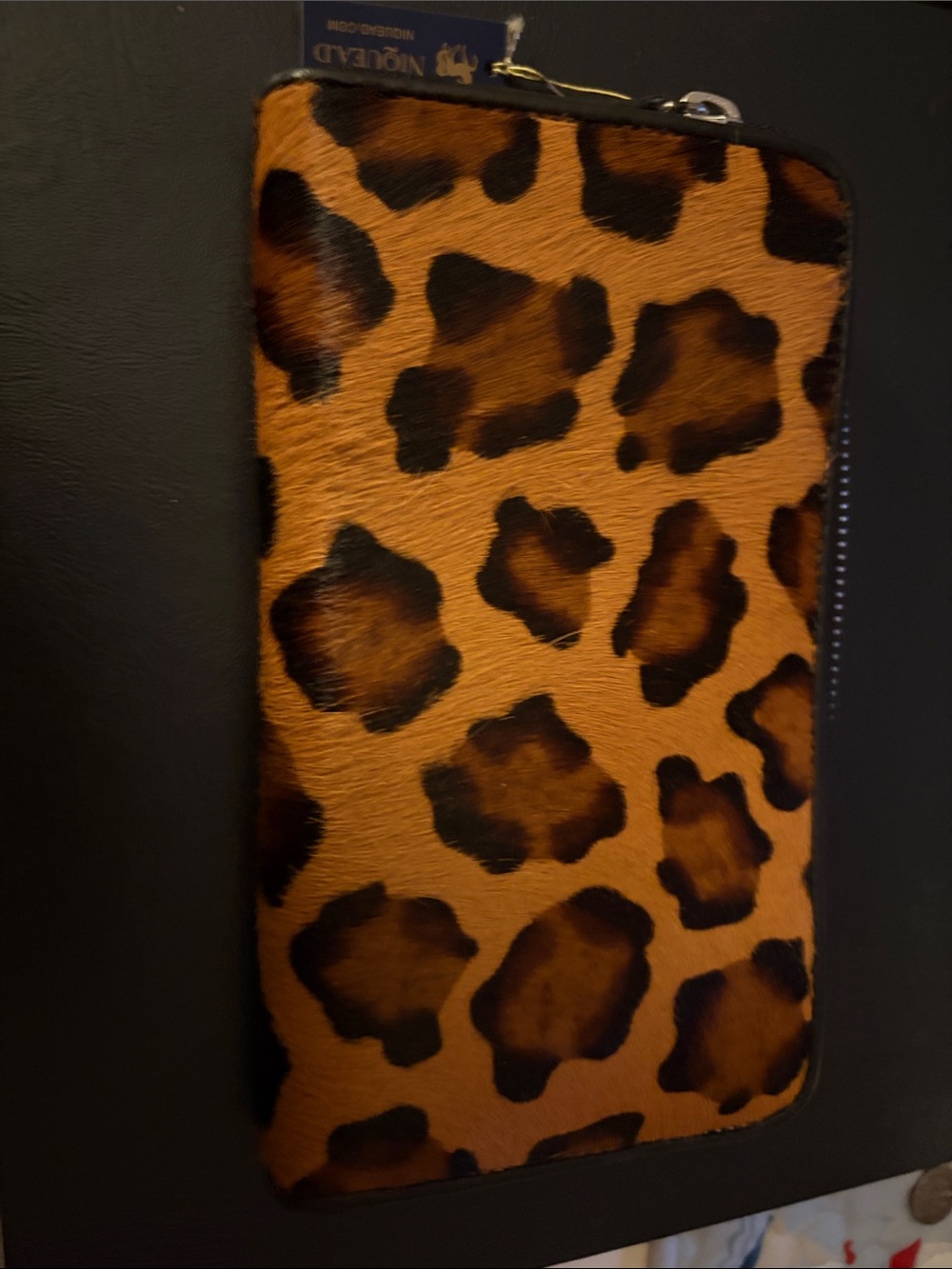 Cow Hair Leopard Print Zipper Phone Wallet Case - Brown